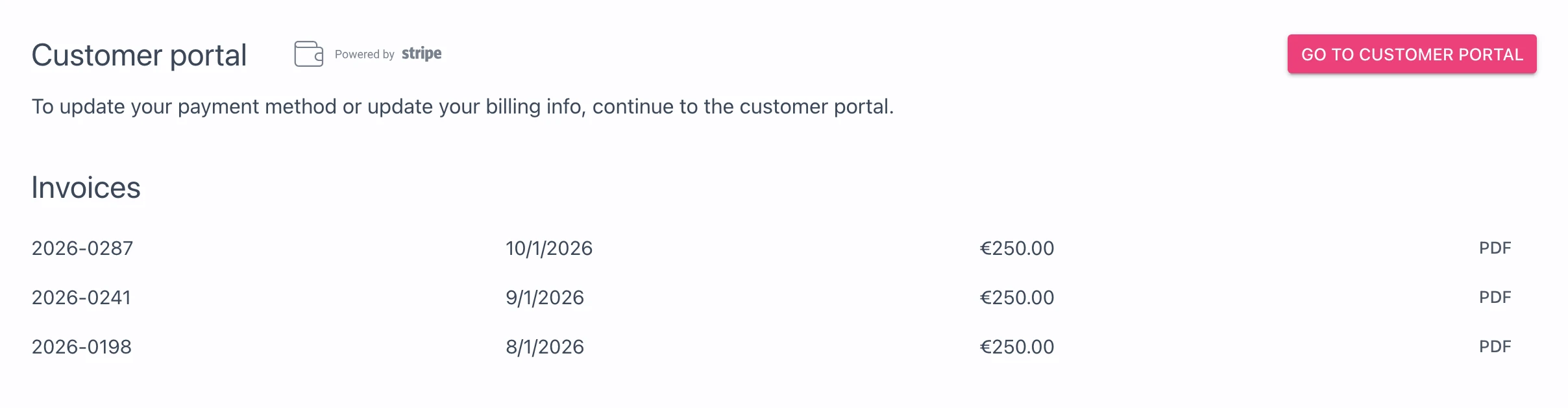 Customer portal section and the list of invoices on the Billing page