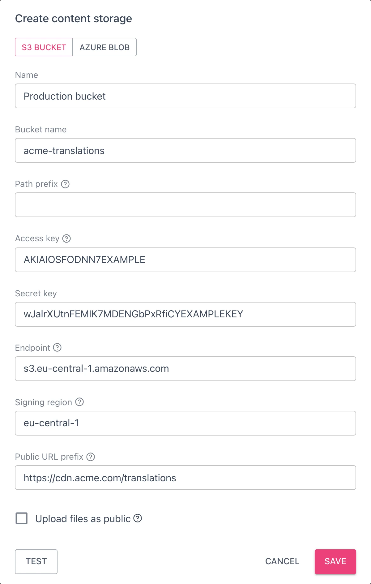 Create content storage dialog for an S3 bucket