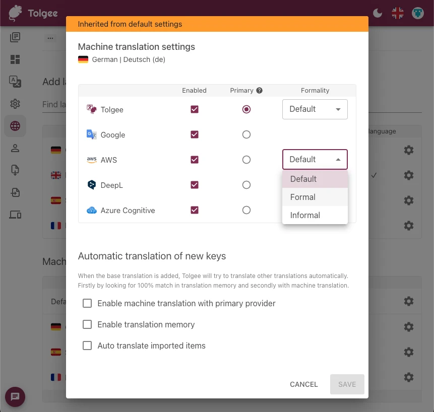 Machine translation settings
