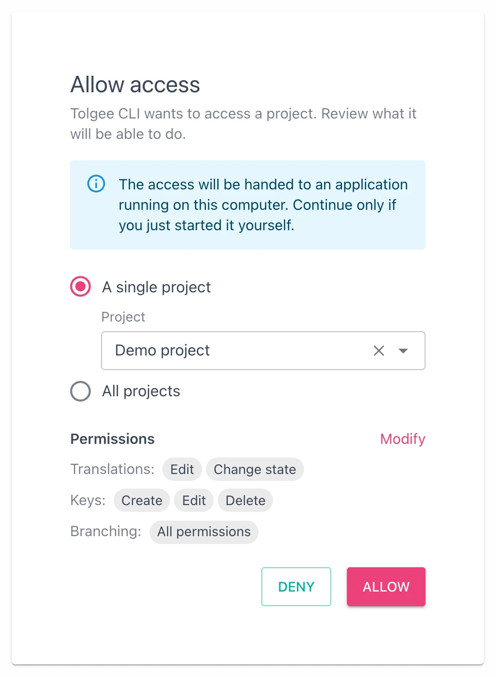 The consent screen for the Tolgee CLI: the app name, a note that the access goes to an application on this computer, the project choice and the permissions