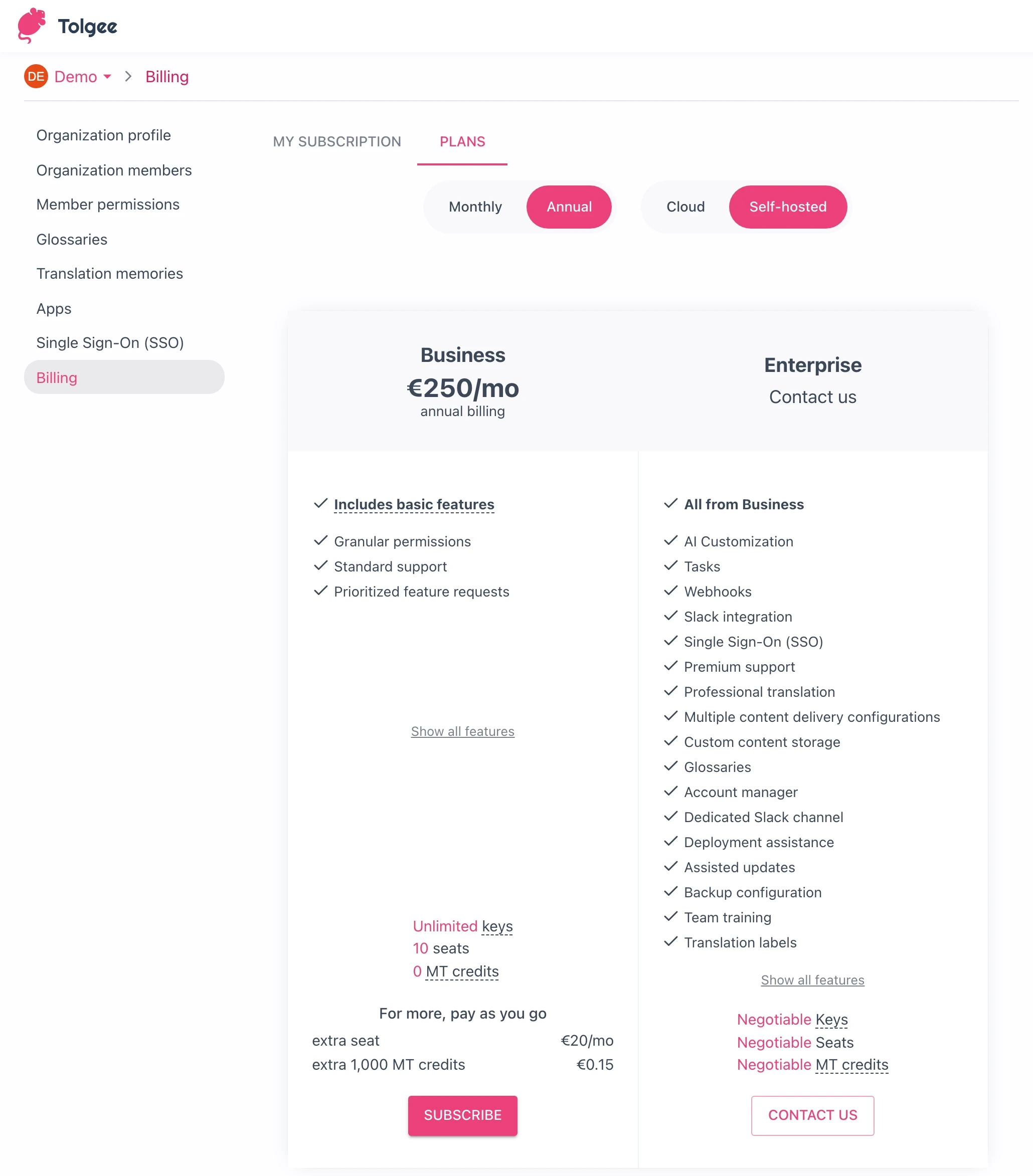 Self-hosted plans on the Plans tab of the Billing page