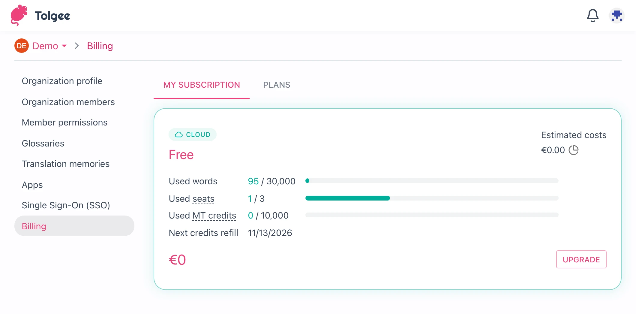 Billing page with the active plan and its usage