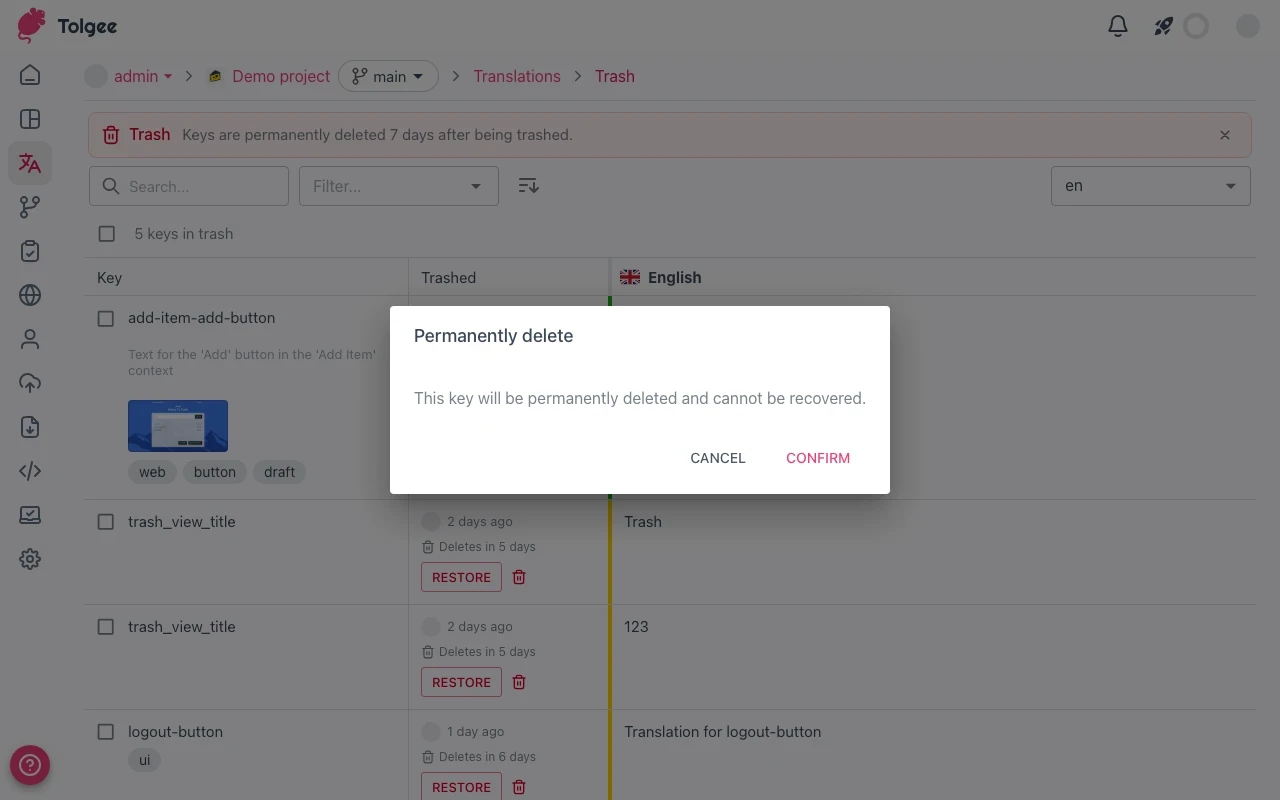 Permanent delete confirmation dialog